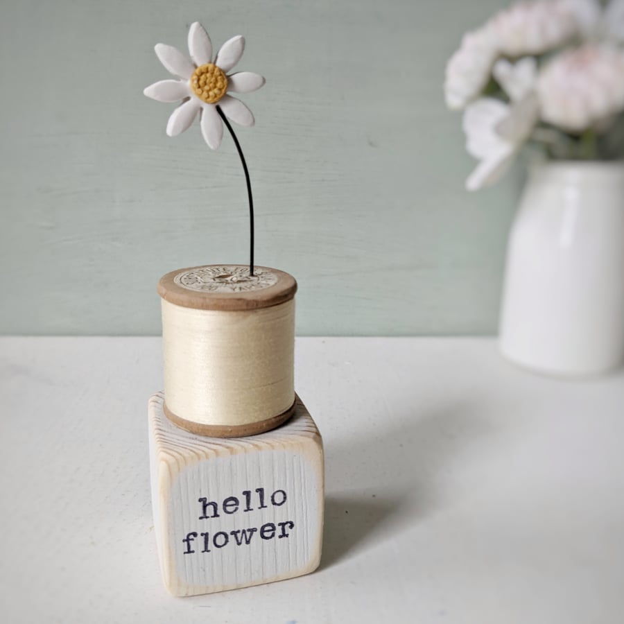 Clay Flower on a Vintage Wooden Bobbin 'hello flower'