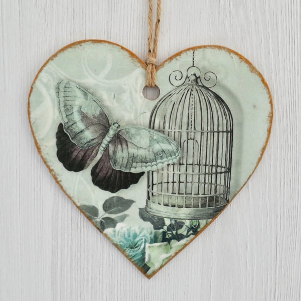 Decoupaged Wooden Hanging Heart 15cm (6”) Butterfly & Birdcage