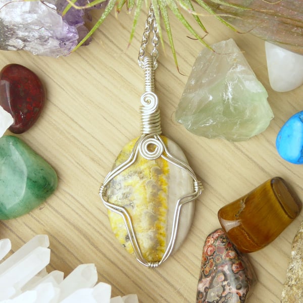 Wire Wrapped Bumblebee Jasper Pendant. Yellow Grey Crystal in Silver Plated Wire