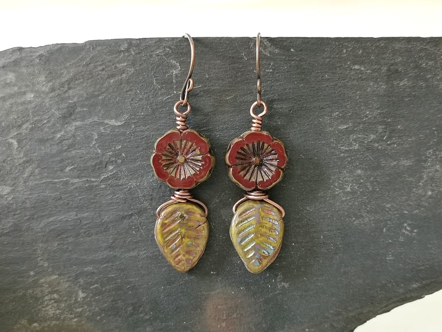 Rustic flower and leaf earrings with copper ear wires