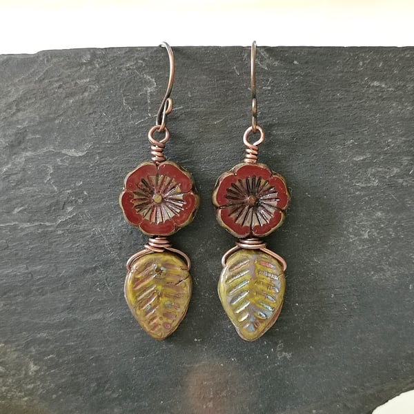 Rustic flower and leaf earrings with copper ear wires