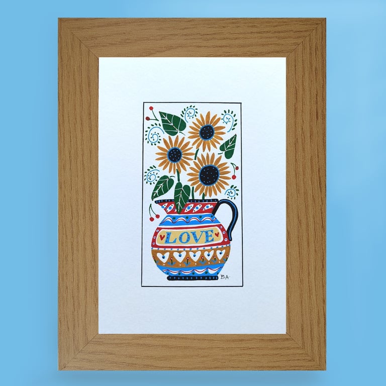 Sunflower folk art painting in love jug Framed A5 original artwork floral 