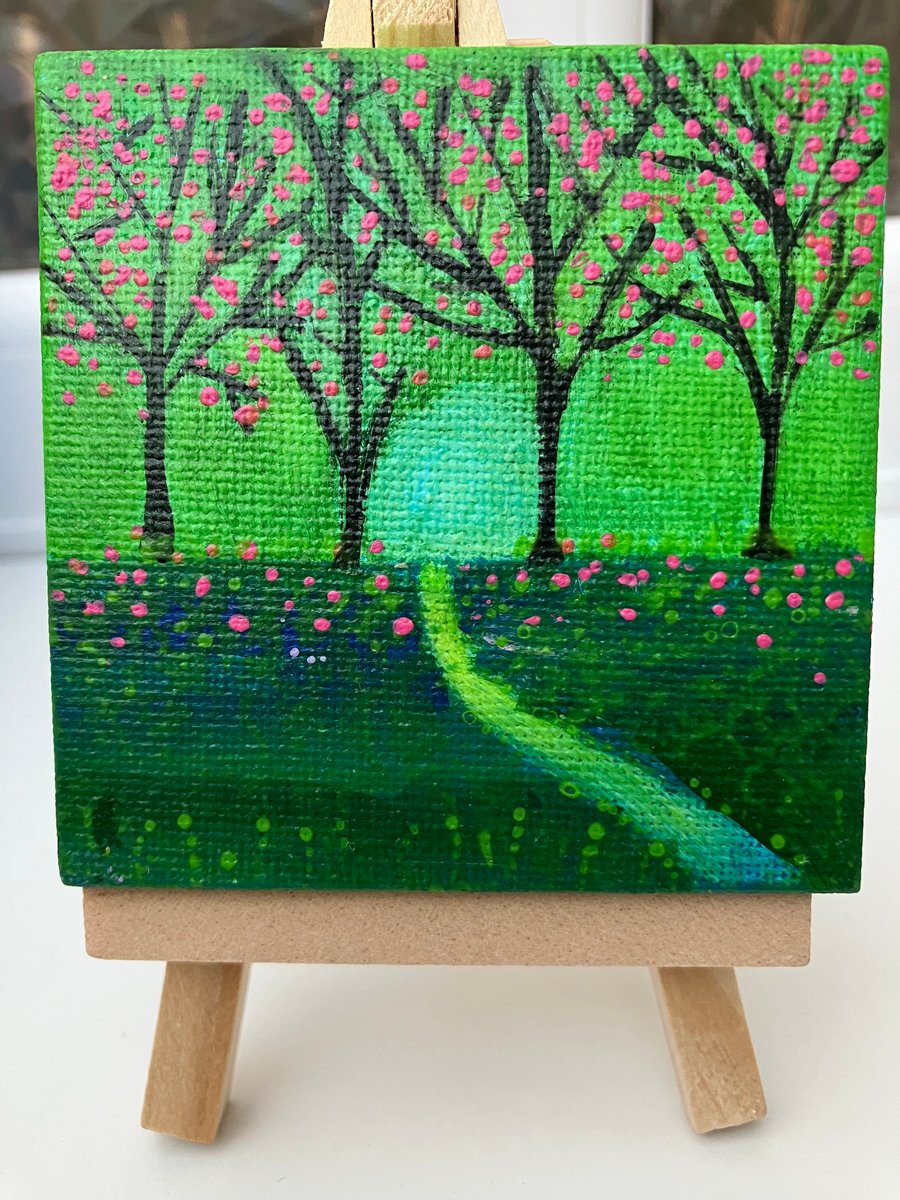 Mini Acrylic Forest Painting With Path leading into it.