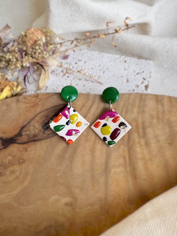 Autumn Terrazzo Diamond & Emerald Green Stud Earrings