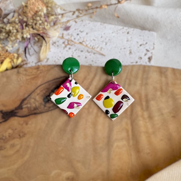 Autumn Terrazzo Diamond & Emerald Green Stud Earrings