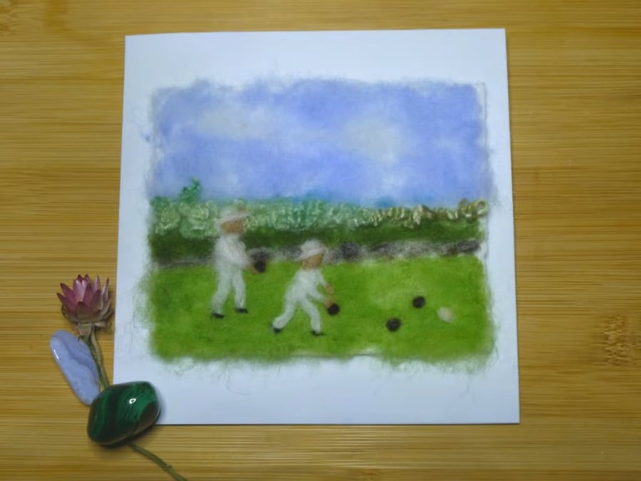Handmade needle felted Lets Play greetings card