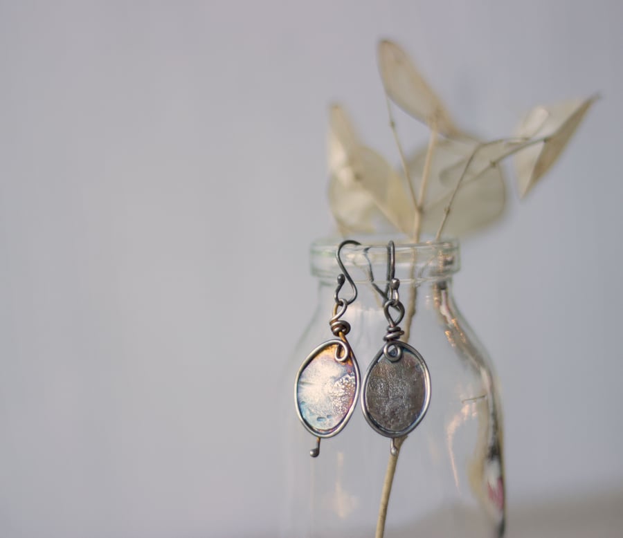 Reticulated Silver Honesty Seed Pod Handmade Earrings, Oxidised Sterling silver