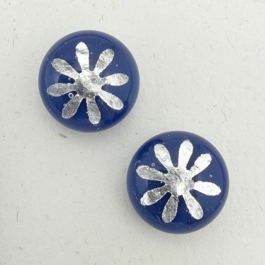 Dark Blue Fused Glass Fine Silver Flower Stud Earrings