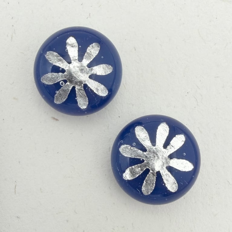 Dark Blue Fused Glass Fine Silver Flower Stud Earrings