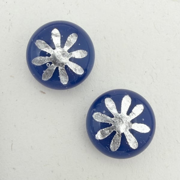 Dark Blue Fused Glass Fine Silver Flower Stud Earrings