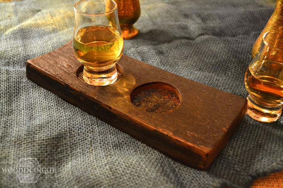 2-hole Ex-whisky oak barrel stave dram tasting board - choice of glasses