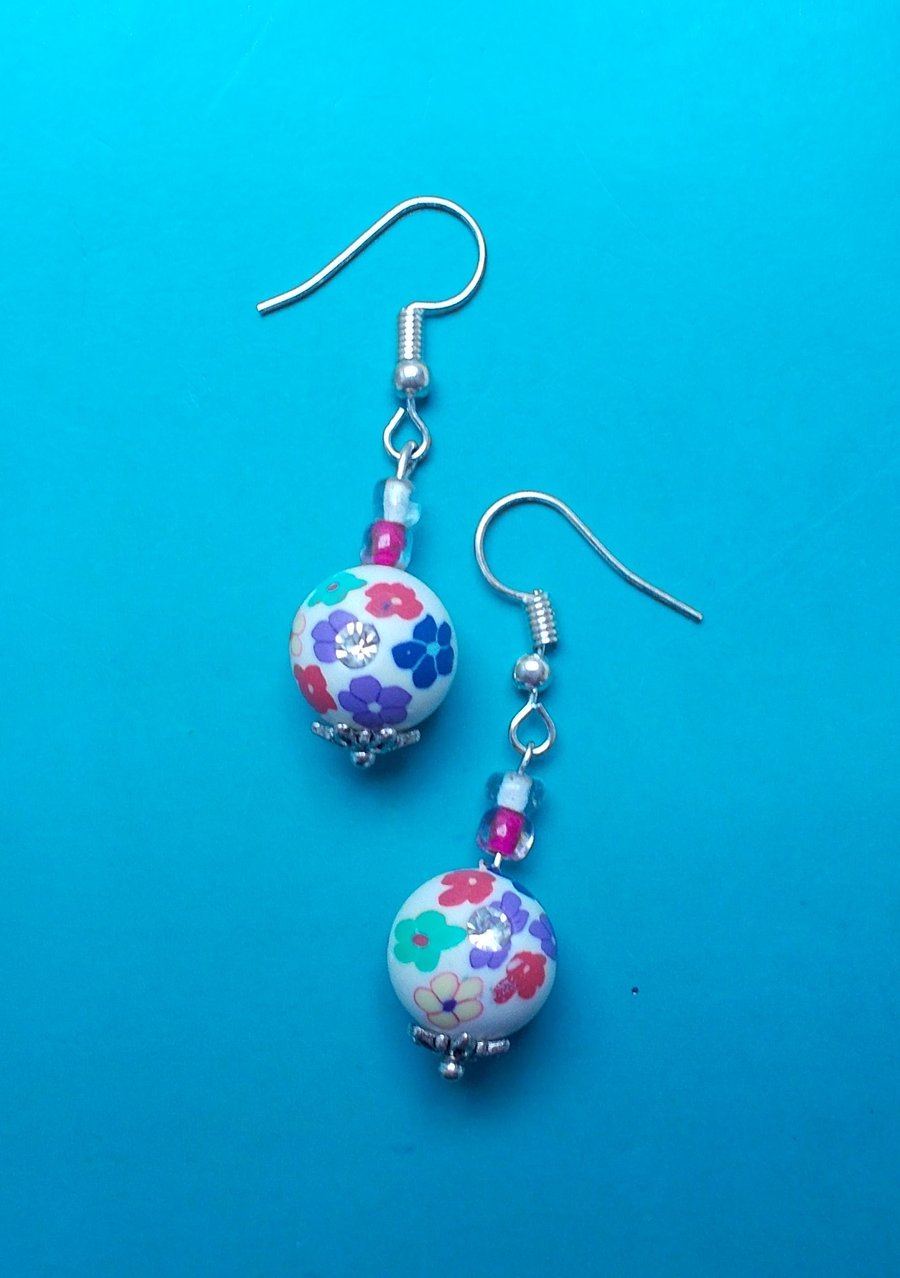 Floral Polymer Clay and Glass Beaded Earrings