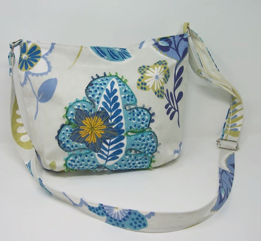 Fabric shoulder bag in pale grey, blue, lime floral print