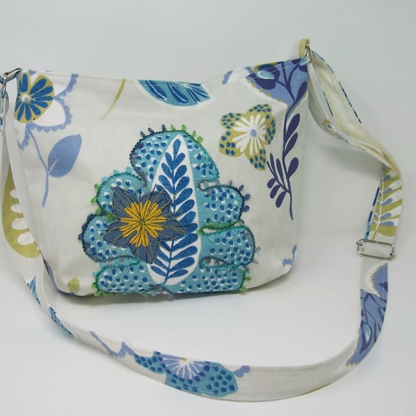 Fabric shoulder bag in pale grey, blue, lime floral print