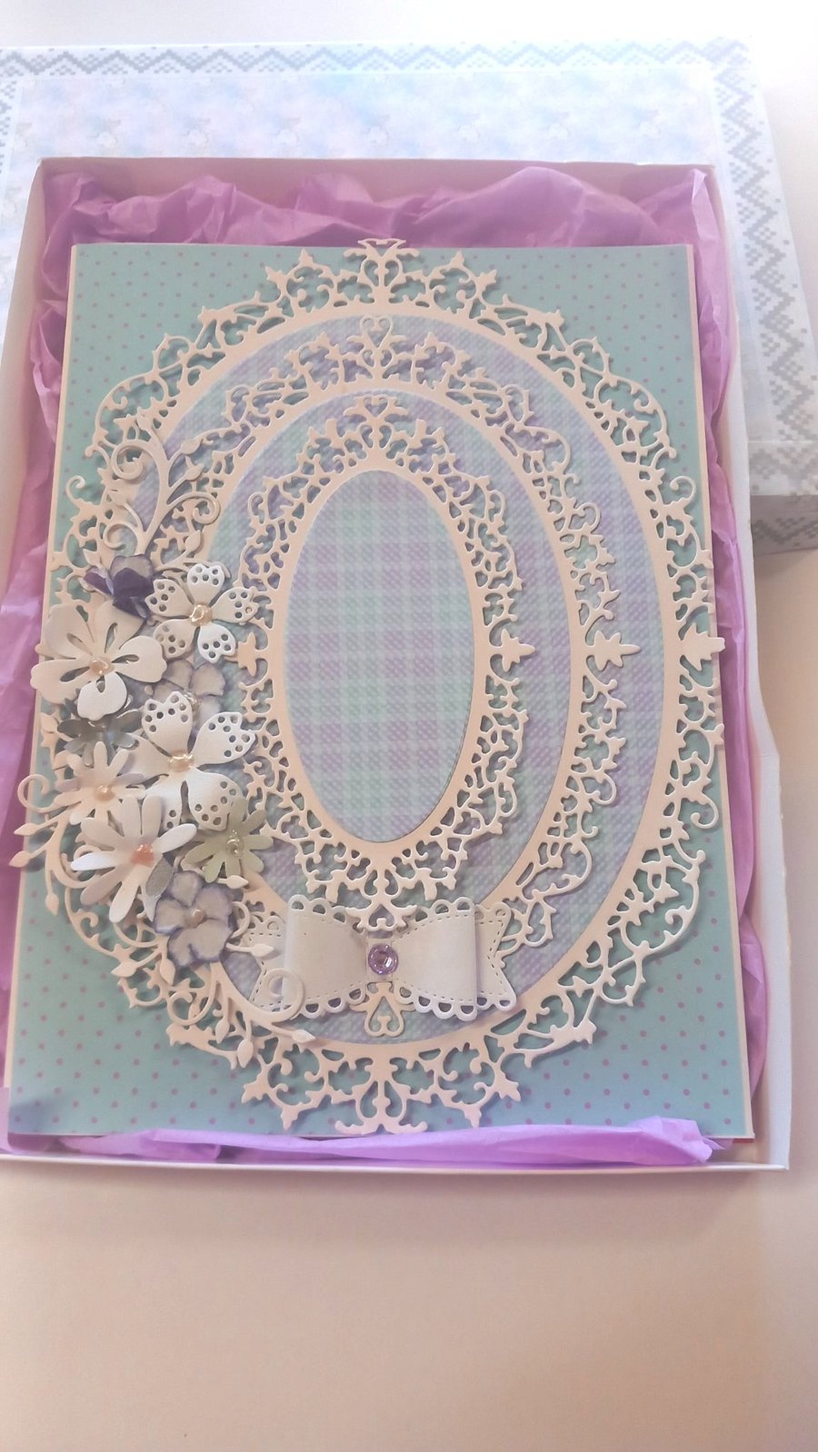 special occasion luxury handcrafted greeting card, blues lilac,  A5 size, boxed