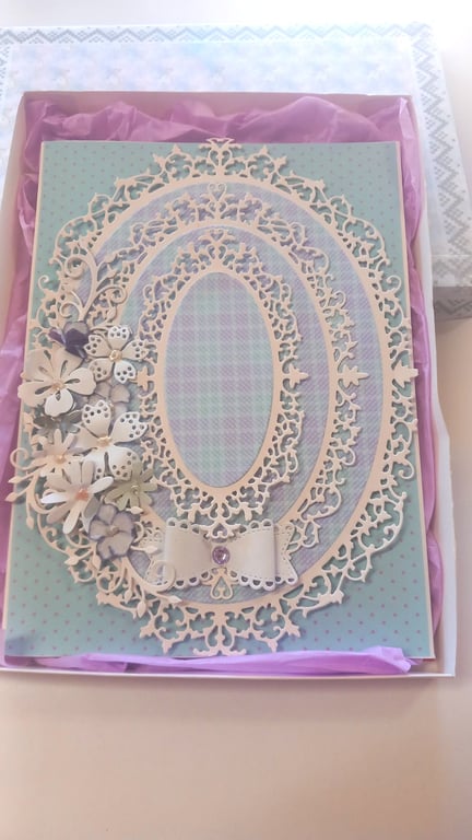 special occasion luxury handcrafted greeting card, blues lilac,  A5 size, boxed