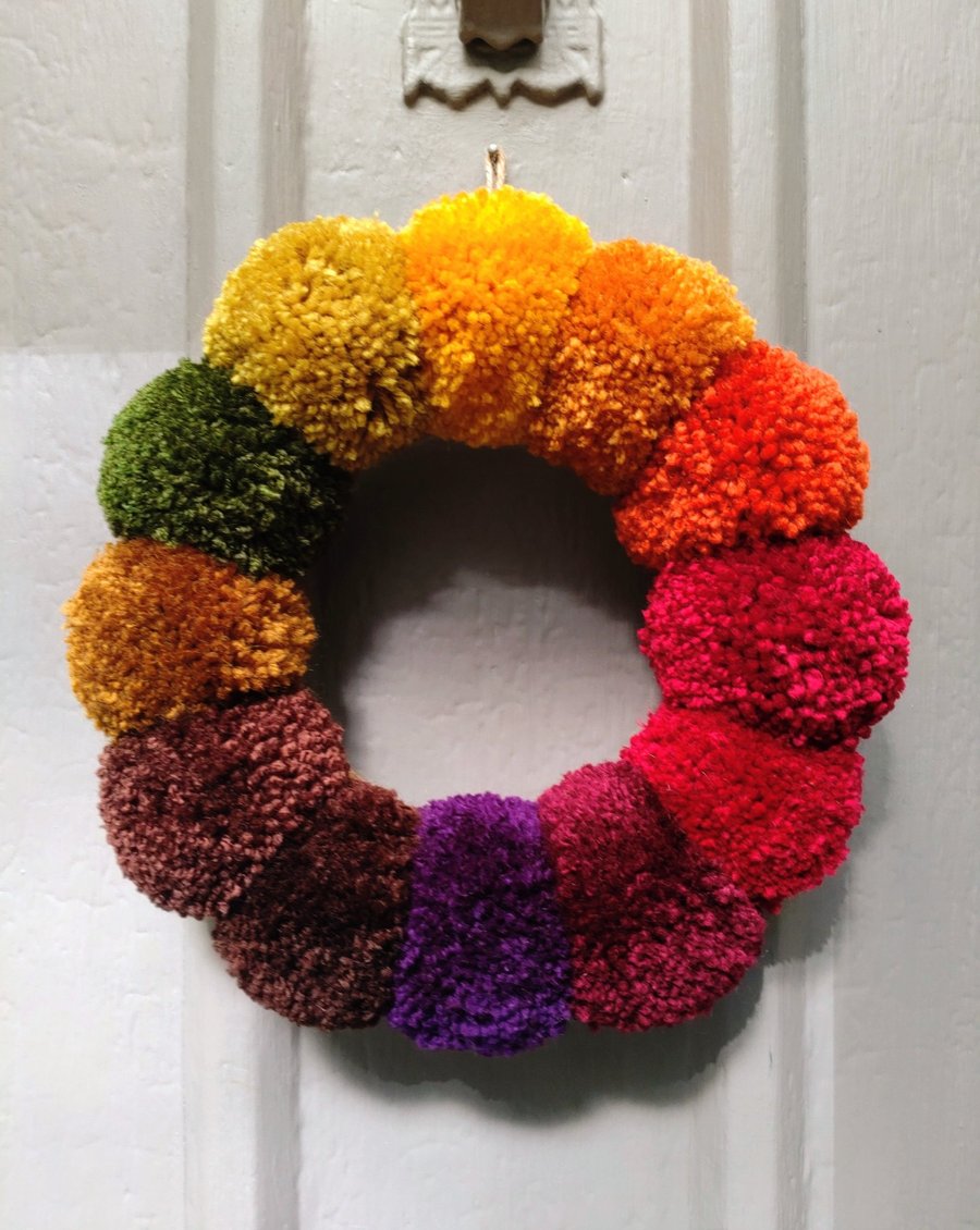 Wool Pompom Wreath, Autumn Colours, Plush Autumnal Seasonal Decor, 23cm.