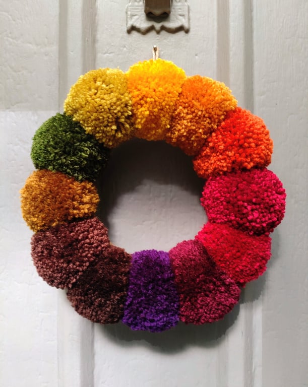 Wool Pompom Wreath, Autumn Colours, Plush Autumnal Seasonal Decor, 23cm.