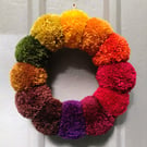 Wool Pompom Wreath, Autumn Colours, Plush Autumnal Seasonal Decor, 23cm.