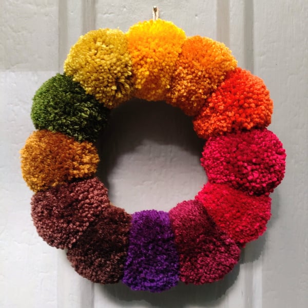 Wool Pompom Wreath, Autumn Colours, Plush Autumnal Seasonal Decor, 23cm.