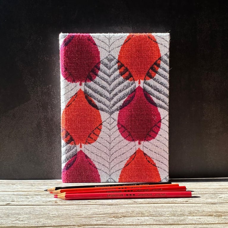 Handmade A5 Journal, 1950s Red and Orange Leaf Design Vintage Barkcloth Fabric