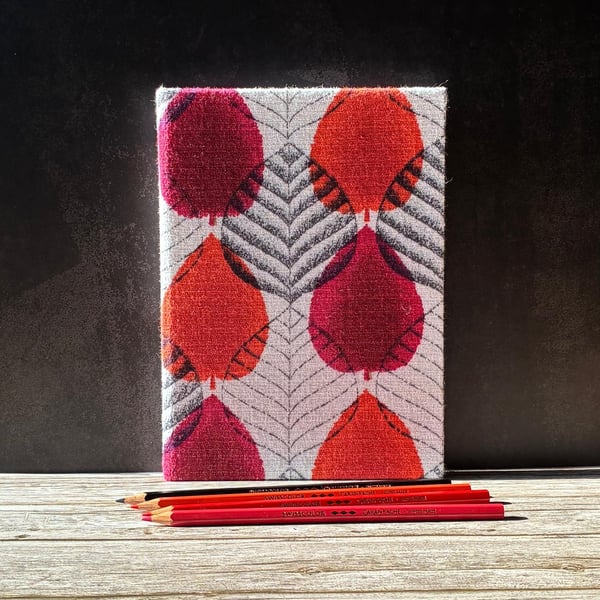 Handmade A5 Journal, 1950s Red and Orange Leaf Design Vintage Barkcloth Fabric