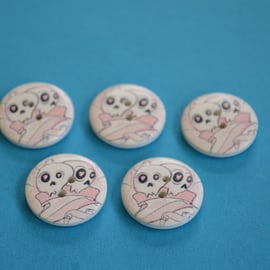 20mm Wooden Skull Buttons 5pk Pink White Goth Button (SK4)
