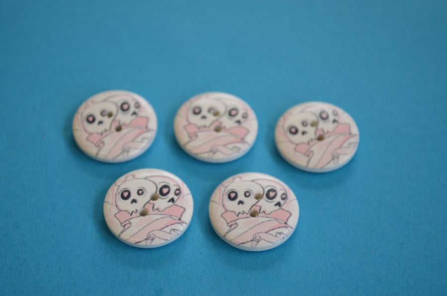 20mm Wooden Skull Buttons 5pk Pink White Goth Button (SK4)