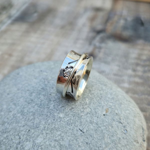 Sterling Silver Wide Band Dandelion Stamped Spinner Ring