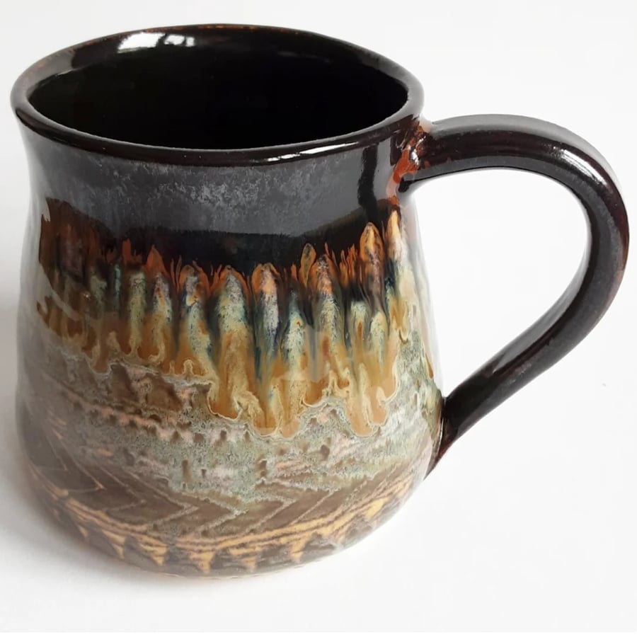 Mug Patterned Brown Glazed  - Hand Thrown Stoneware Ceramic Mug 