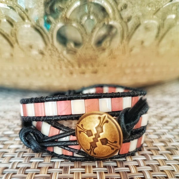 Leather wrap bracelet - Black, Copper, Ivory 