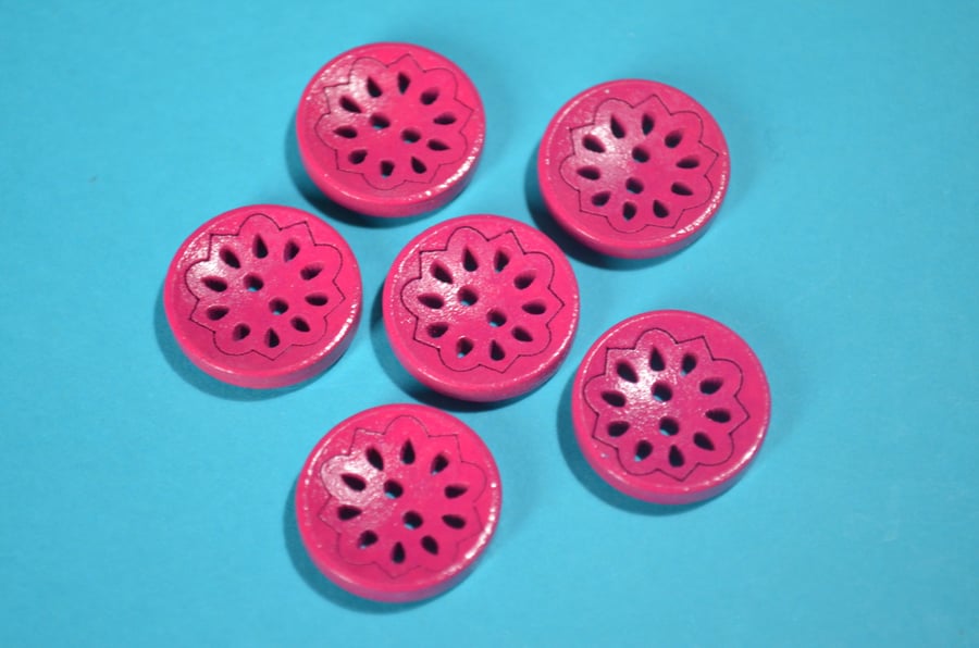 Wooden Pierced Flower Buttons Raspberry Hot Pink 6pk Button 18mm (P4)