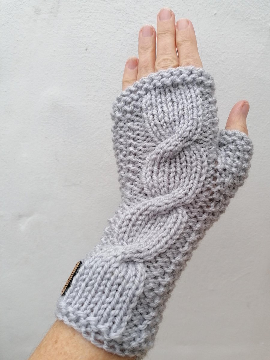 Fingerless Gloves in Grey Aran, Ladies Wrist Warmers 