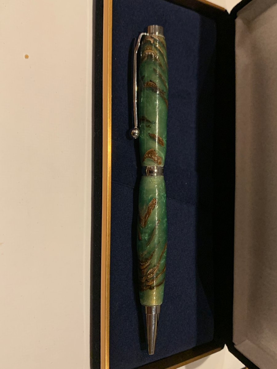 Handmade Green Acrylic & Pine Cone Twist Ballpoint Pen in Velvety Pouch