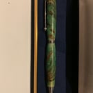 Handmade Green Acrylic & Pine Cone Twist Ballpoint Pen in Velvety Pouch