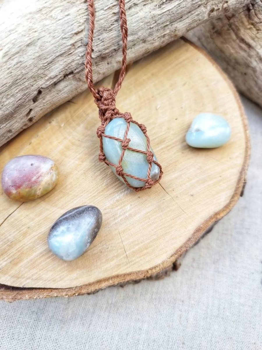 Amazonite Macrame Necklace, Adjustable Gemstone Pendant 