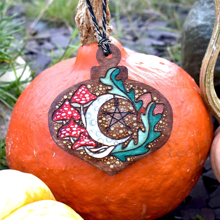 Toadstool Moon Pyrography Hanging Decoration