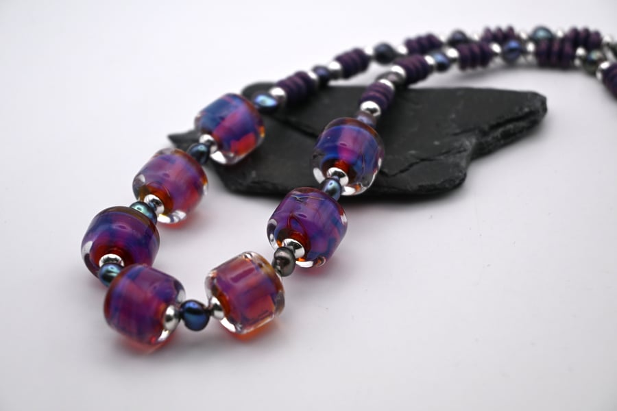 lampwork glass purple pink beaded necklace