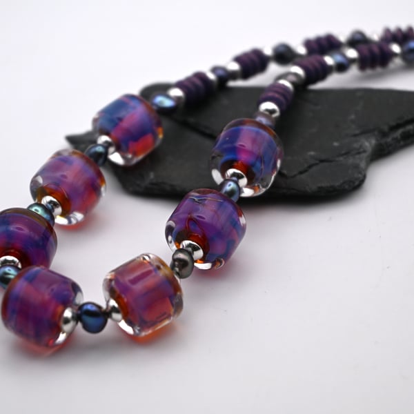 lampwork glass purple pink beaded necklace