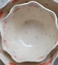 Ceramic bowl wth pink dots spots and ribbon handmade fluted scalloped dish. 