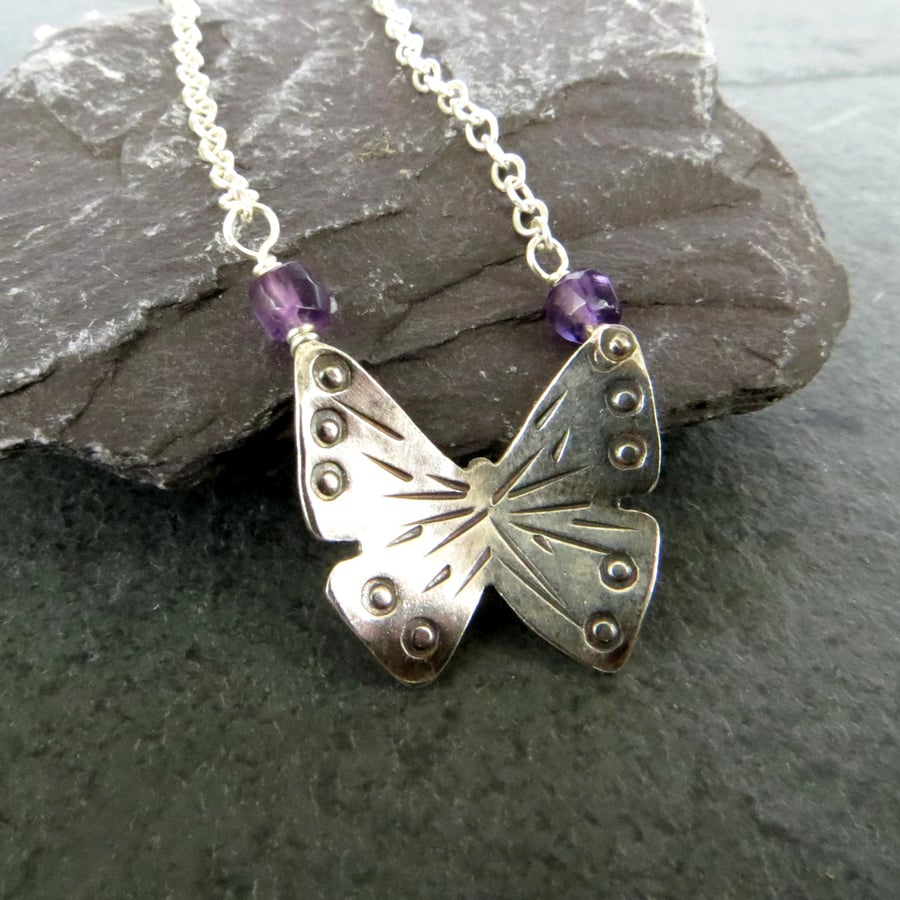 Silver Butterfly Necklace with Amethyst Gemstones, February Birthstone Necklace