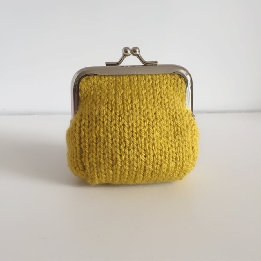 Mustard Yellow Knitted Metal Coin Purse with Kiss Lock Frame for Mothers Day