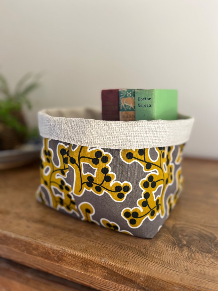 Mustard and grey cotton and linen effect reversible storage basket plant pot