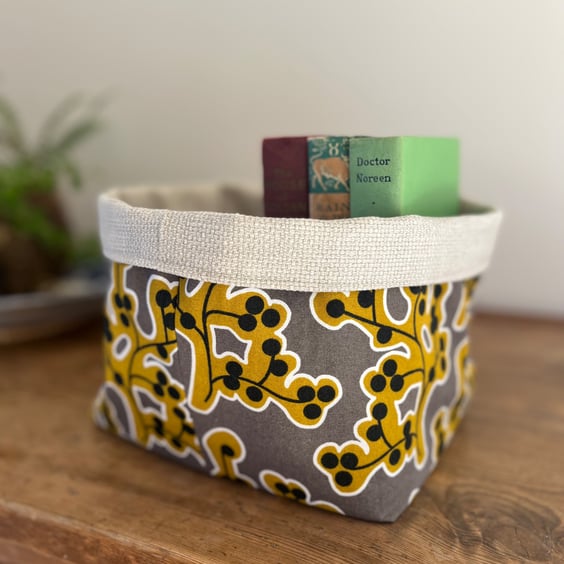 Mustard and grey cotton and linen effect reversible storage basket plant pot