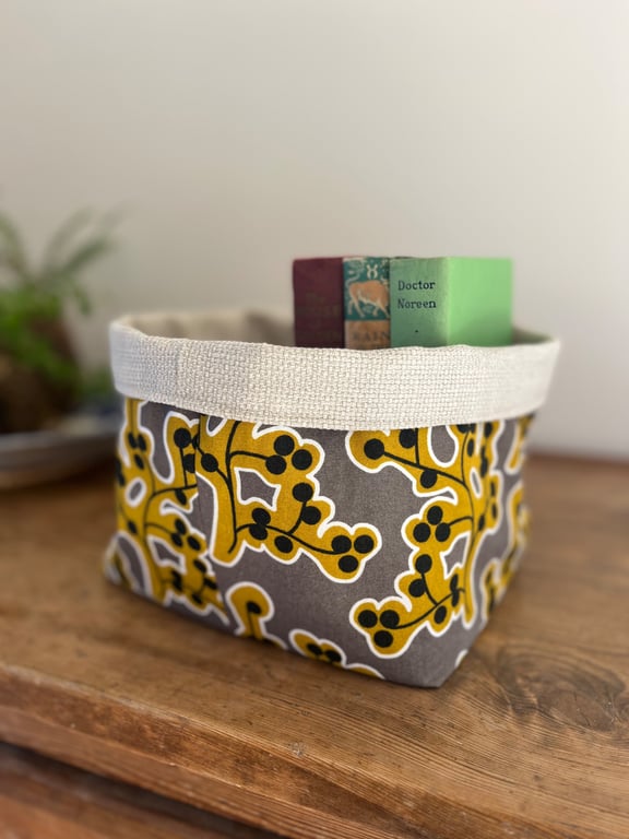 Mustard and grey cotton and linen effect reversible storage basket plant pot