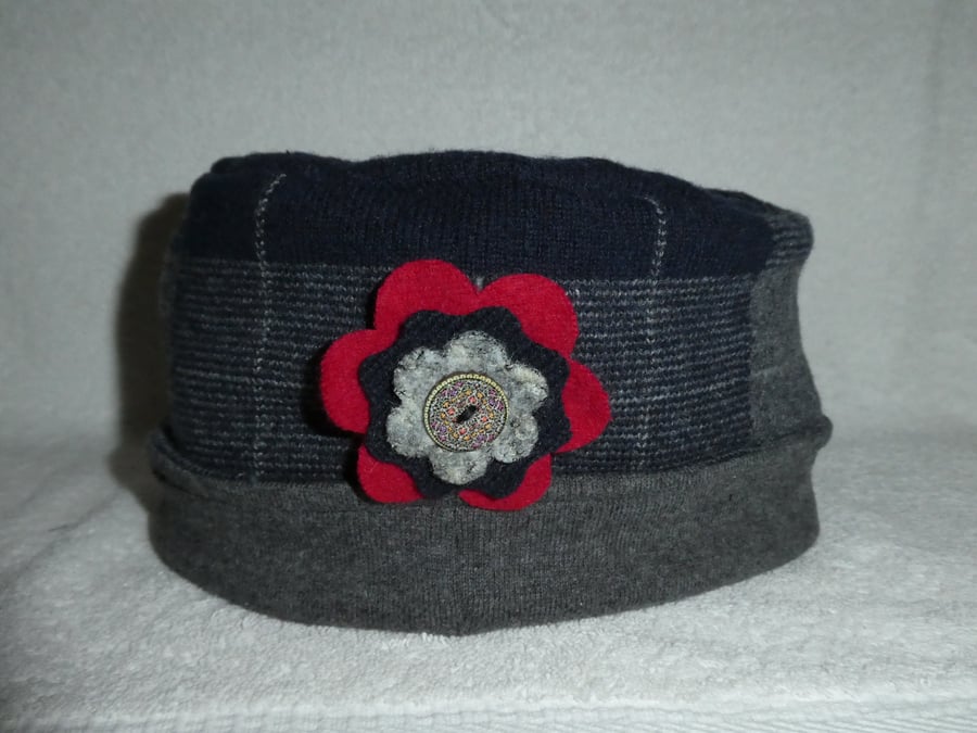 Wool Hat Created from Up-cycled Sweaters. Tartan and Grey with red Flower Pin