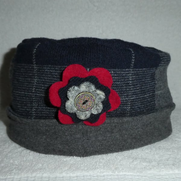 Wool Hat Created from Up-cycled Sweaters. Tartan and Grey with red Flower Pin