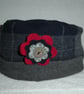 Wool Hat Created from Up-cycled Sweaters. Tartan and Grey with red Flower Pin - Image 1