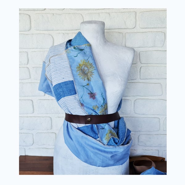 Cotton blue striped and flowered fabric infinity shawl with faux leather strap