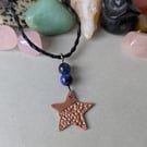 Copper star pendant with blue tiger eye beads and macrame necklace